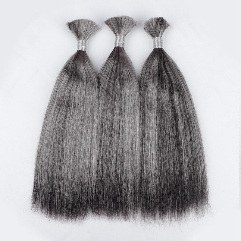 Soul Lady Salt And Pepper Straight Bulk Human Hair For Braiding 1/2/3/4 Pcs Natural Grey Hair Extensions-3 bundles show