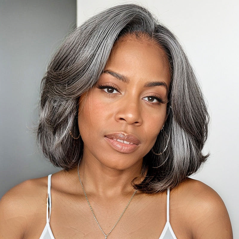 Seniors Wig Salt and Pepper Natural Wavy Bob Wig Real Human Hair Wear Go Glueless Lace Wigs For Mom