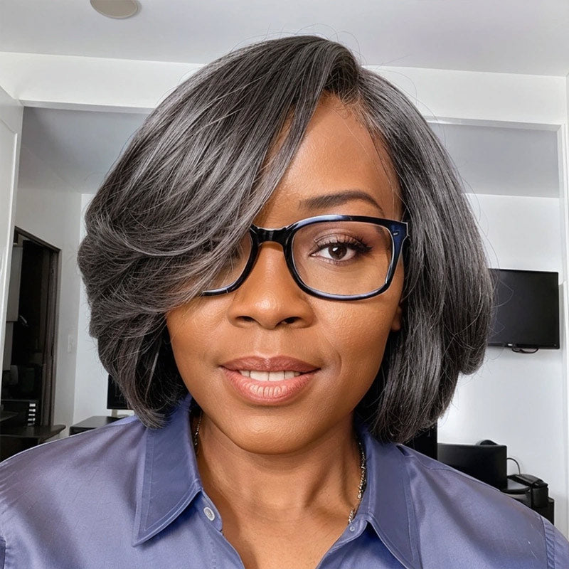 Soul Lady Seniors Wig Salt and Pepper Natural Wavy Bob Wig Real Human Hair Wear Go Glueless 4x4 HD Lace Wigs For Mom over 60s