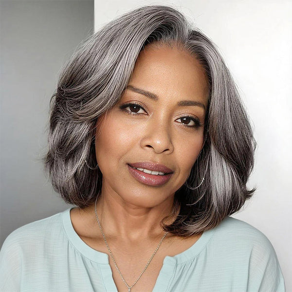 Flash Sale | Seniors Wear-Go V-Part Wig Salt & Pepper Natural Straight Wavy Bob Real Human Hair Glueless Wigs For Women