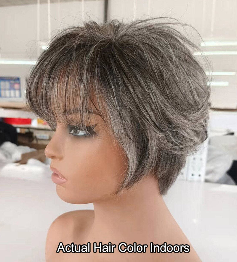 6 Inch Grey Pixie Cut Human Hair Wig With Bangs Short Straight Layered Amazon.com : Creamily Short Grey Pixie Cut Wigs with White  main image 3