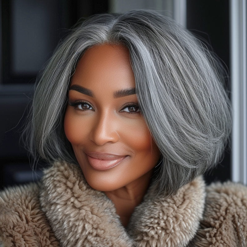 Classic Women's Hairstyle Salt And Pepper Straight Bob Real Human Hair WearGo Glueless Lace Wigs For Mom
