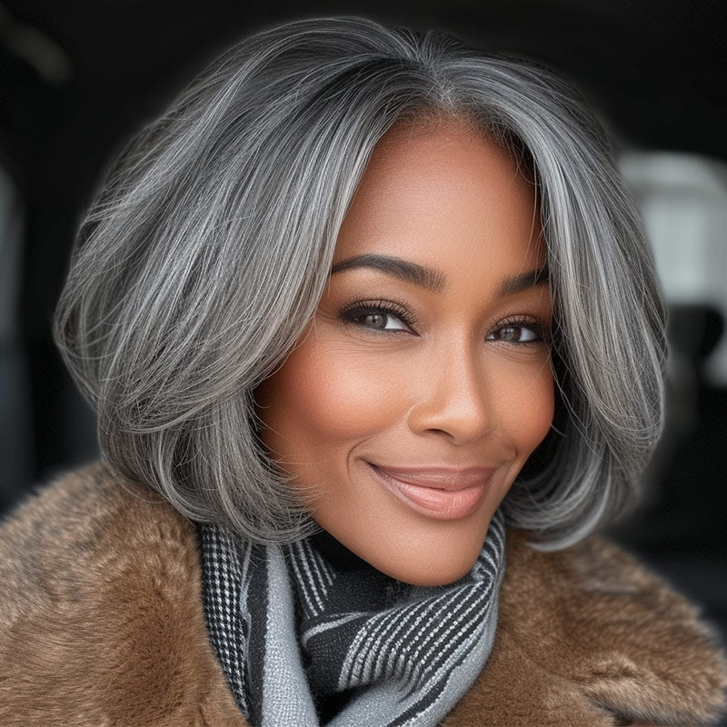 Soul Lady Classic Hairstyle Salt And Pepper Straight Bob For Elegant Seniors Real Human Hair WearGo Glueless Lace Wigs For Mom