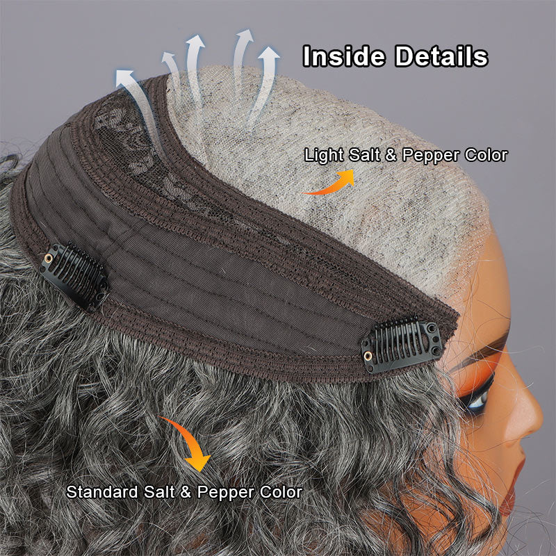 Soul Lady Wigs Salt And Pepper Hair Topper 5"x5" Swiss Lace Closure Bouncy Curly Hair Top Hair Pieces-inside-cap show