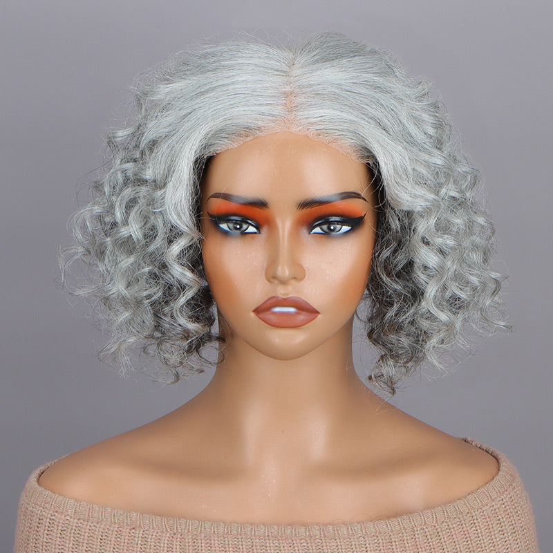 Soul Lady Wigs Salt And Pepper Hair Topper 5"x5" Swiss Lace Closure Bouncy Curly Hair Top Hair Pieces-front show
