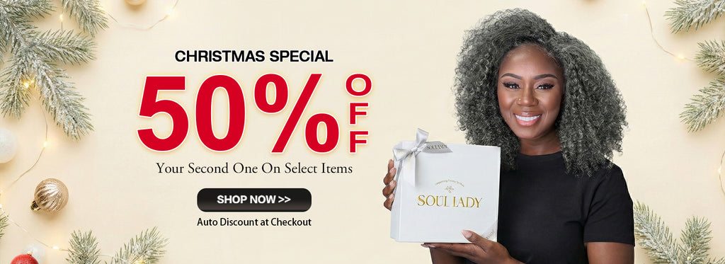 Soul Lady Salt and Pepper Human Hair Wig Christmas Sale Banner – Buy One Get One 50% Off, Glueless Wigs for Seniors, Natural Gray Wigs, Short Bob and Pixie Human Hair Wigs Holiday Promotion-1920x700
