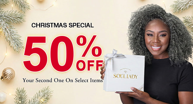 Soul Lady Salt and Pepper Human Hair Wig Christmas Sale Banner – Buy One Get One 50% Off, Glueless Wigs for Seniors, Natural Gray Wigs, Short Bob and Pixie Human Hair Wigs Holiday Promotion-650x350