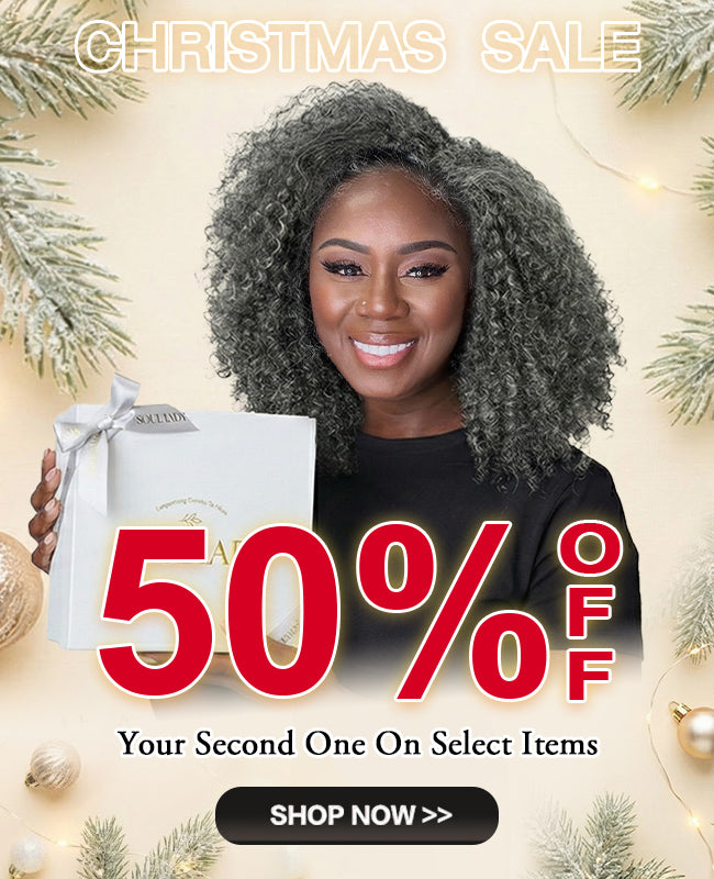 Soul Lady Salt and Pepper Human Hair Wig Christmas Sale Banner – Buy One Get One 50% Off, Glueless Wigs for Seniors, Natural Gray Wigs, Short Bob and Pixie Human Hair Wigs Holiday Promotion-650x800