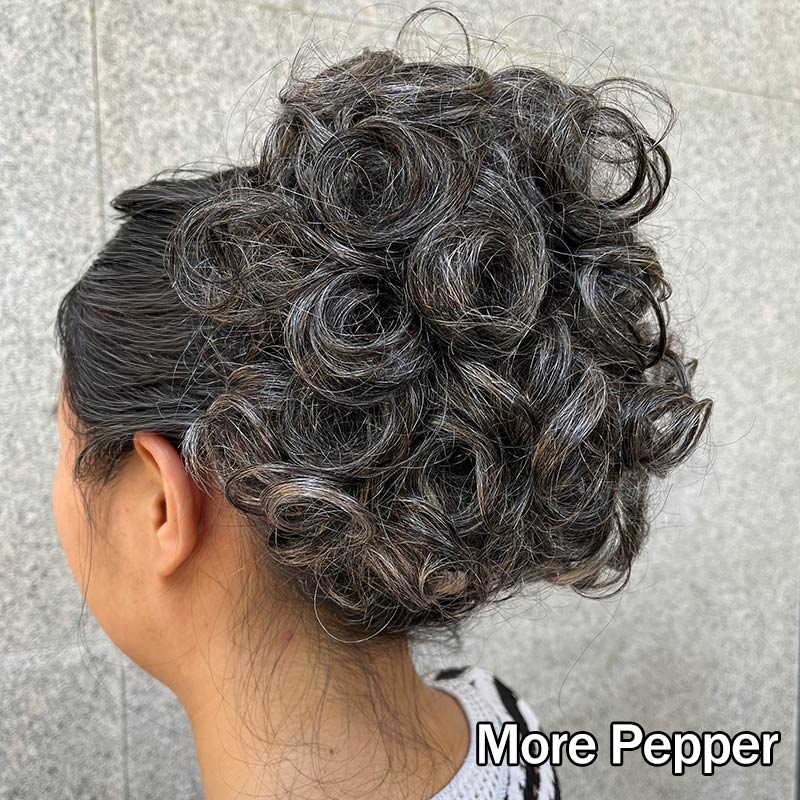 Soul Lady WIgs Salt And Pepper Curly Messy Buns Drawstring Ponytail Clips in Hair Extension- more pepper color ponytail puff