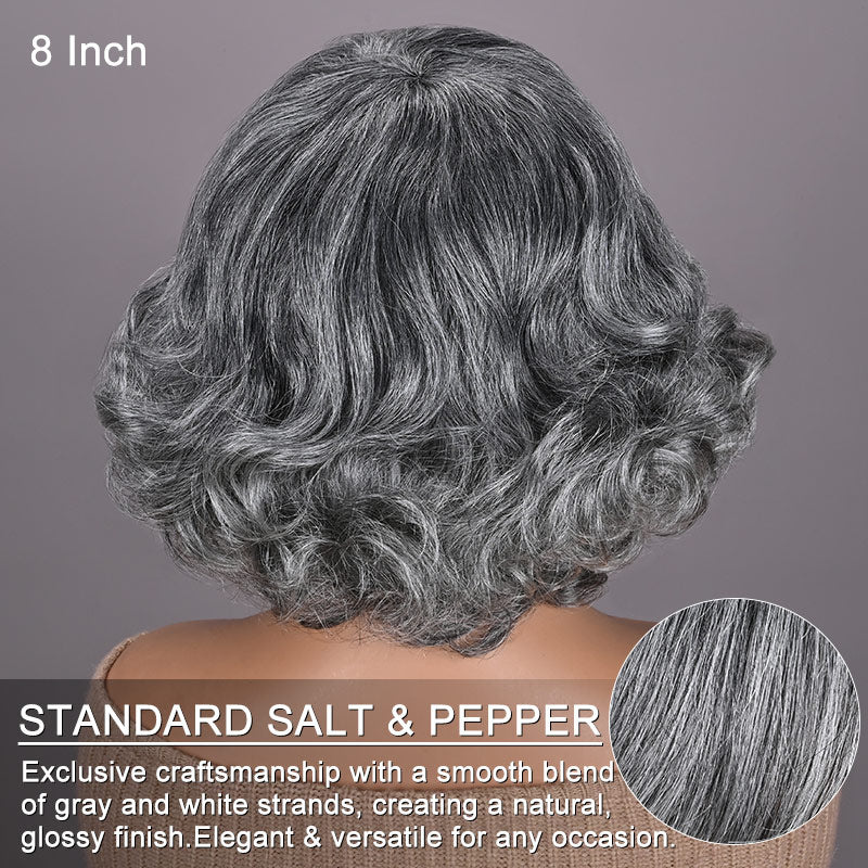 Soul Lady Beginner Friendly Salt and Pepper Bob Wig With Bangs Natural Wavy Human Hair Wear To Go Wig for women over 60 -back-view
show