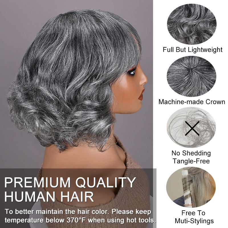 Soul Lady Beginner Friendly Salt and Pepper Bob Wig With Bangs Natural Wavy Human Hair Wear To Go Wig-side 
show with wig details