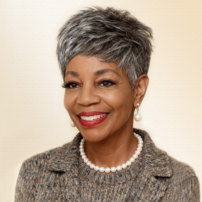 Soul lady wigs | Short Pixie Wig | Timeless & Classic Salt and Pepper Straight Pixie Haircuts Glueless Wig- model Magdaline_1ONLY-front image