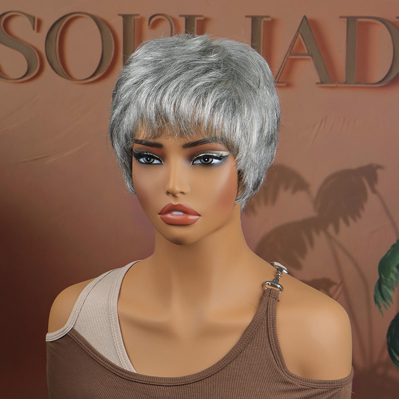 Summer Trend | Timeless & Classic Salt and Pepper Straight Pixie Cut Glueless Wig- soul lady silver gray wig for mature women