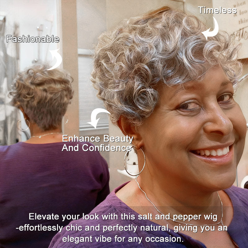 Soul Lady Wear And Go Short Pixie Wig | Salt & Pepper Human Hair Natural Wave Glueless Lace Part Wigs For Women- silver gray wig -real wig indoor vibe-side and back show