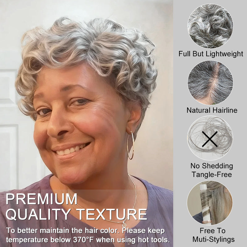 Soul Lady Wear And Go Short Pixie Wig | Salt & Pepper Human Hair Natural Wave Glueless Lace Part Wigs For Women- silver gray wig -natural hair color in outdoors