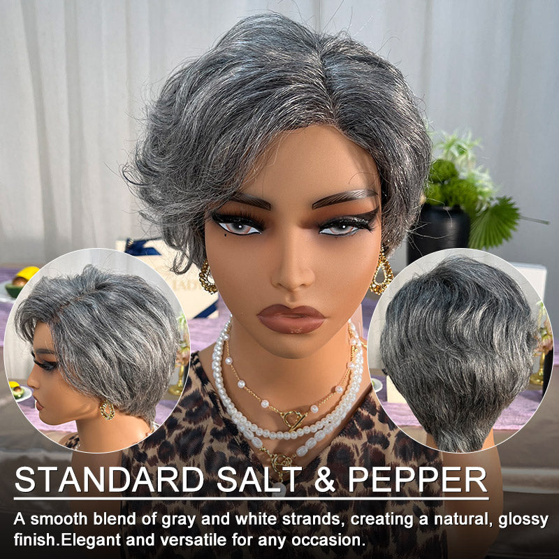 Soul Lady Wear And Go Short Pixie Wig | Salt & Pepper Human Hair Natural Wave Glueless Lace Part Wigs For Women- silver gray wig -natural hair color indoor-side-view