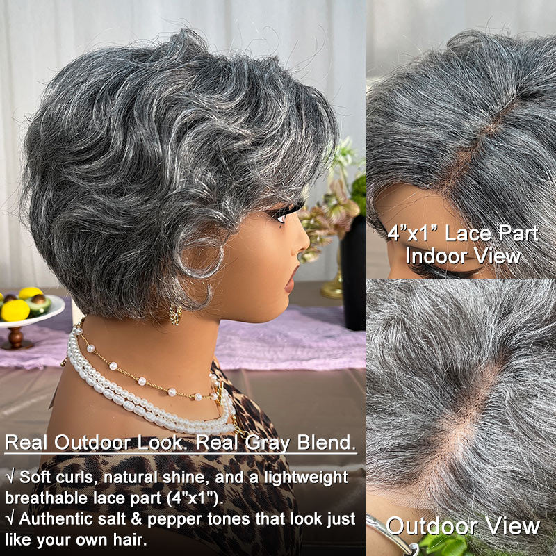 Soul Lady Wear And Go Short Pixie Wig | Salt & Pepper Human Hair Natural Wave Glueless Lace Part Wigs For Women- silver gray wig -natural hair color in outdoors