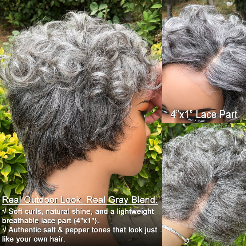Soul Lady Wear And Go Short Pixie Wig | Salt & Pepper Human Hair Natural Wave Glueless Lace Part Wigs For Women- silver gray wig -natural hair color in outdoors