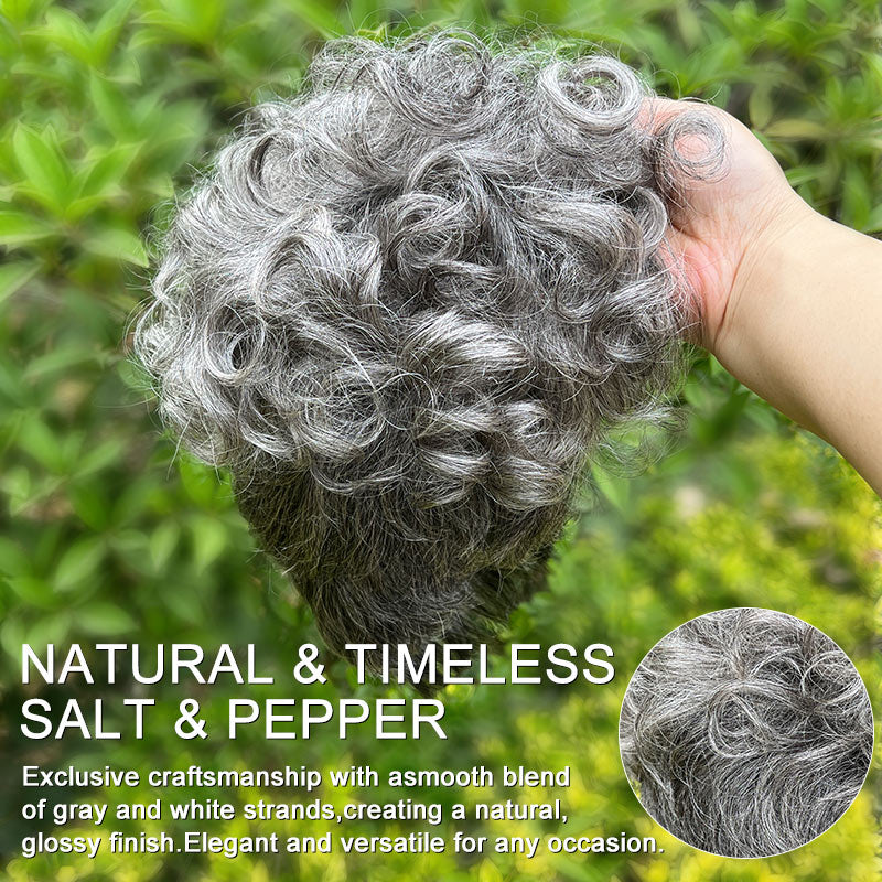 Soul Lady Wear And Go Short Pixie Wig | Salt & Pepper Human Hair Natural Wave Glueless Lace Part Wigs For Women- silver gray wig -real wig in outdoor