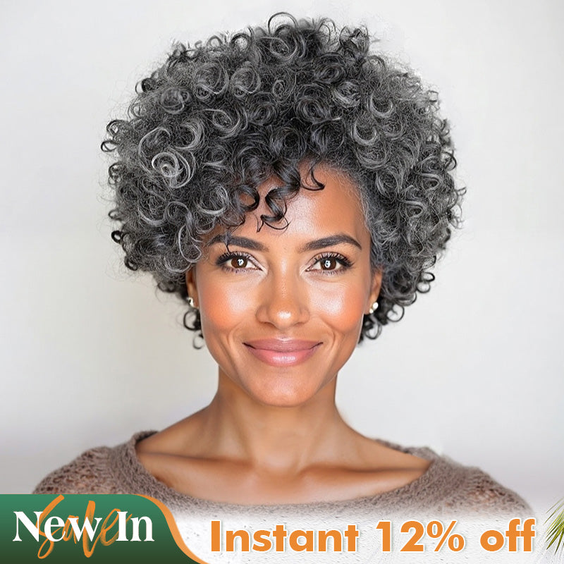 Soul Lady wigs Ready to Wear | Medium Salt & Pepper Curly Pixie Wig – Real Human Hair Glueless Wig