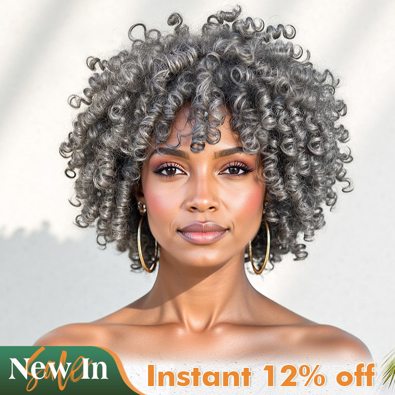 Soul lady wigs Ready to Wear Glueless Human Hair Wig – Salt & Pepper Short Spiral Curly Wig for Women-model show