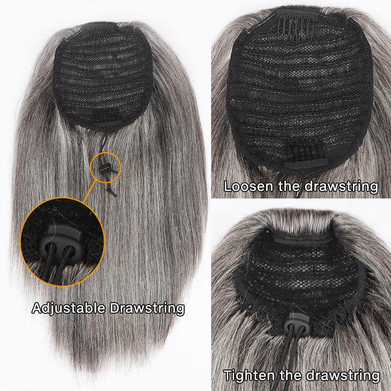 Soul lady wigs Silver Gray Drawstring Ponytail Hair Salt And Pepper Straight Human Hair Extensions clip in ponytail for quick hairstyle-details