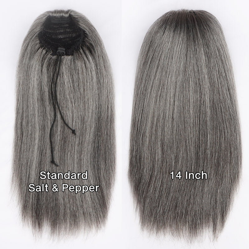 Soul lady wigs Silver Gray Drawstring Ponytail Hair Salt And Pepper Straight Human Hair Extensions clip in ponytail for quick hairstyle