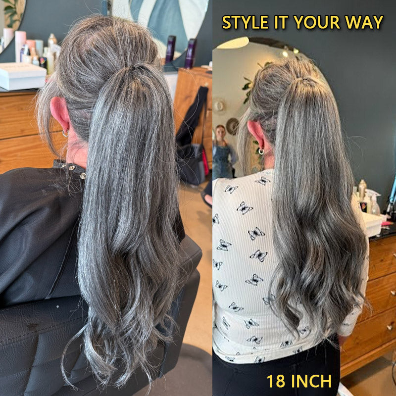 Soul Lady wear and go salt and pepper wigs | Timeless Silver Gray Drawstring Ponytail Hair Salt And Pepper Straight Human Hair Extensions for women-style show