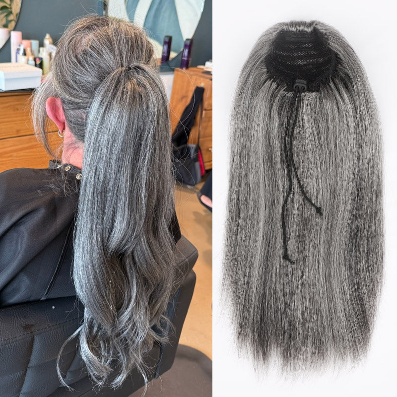 Soul Lady wear and go salt and pepper wigs | Timeless Silver Gray Drawstring Ponytail Hair Salt And Pepper Straight Human Hair Extensions for women