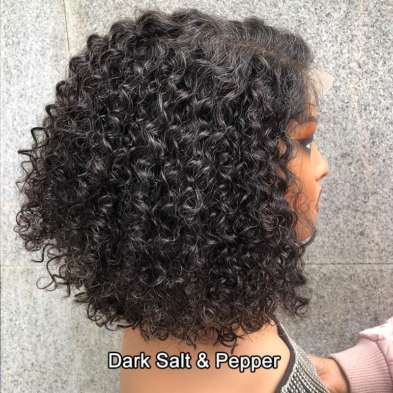 Custom Women's Elegant Hairstyle Dark Salt N Pepper Jerry Curly Human Hair Full Pepper With Less Grey HD Lace Wigs-side show