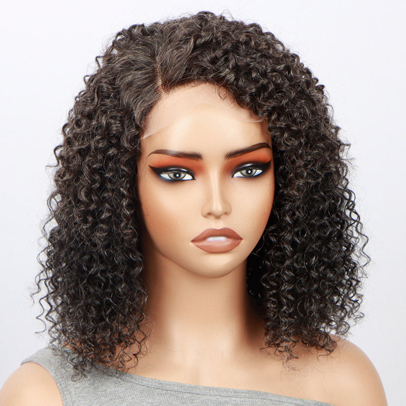 Soul Lady Women's Elegant Hairstyle Salt N Pepper Jerry Curly Human Hair Wigs Full Pepper With Less Grey Hair 4x4 HD Lace Wigs