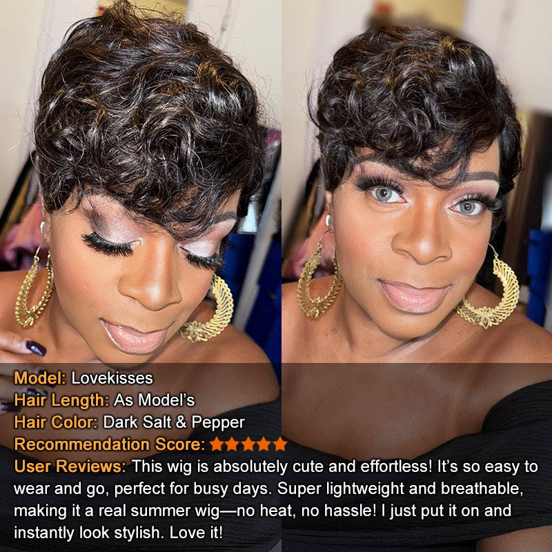 Soul Lady wigs dark Salt & Pepper Edgy Pixie Cut Wig Natural Wave Human Hair Glueless Wigs For Seniors-model lovekisses99