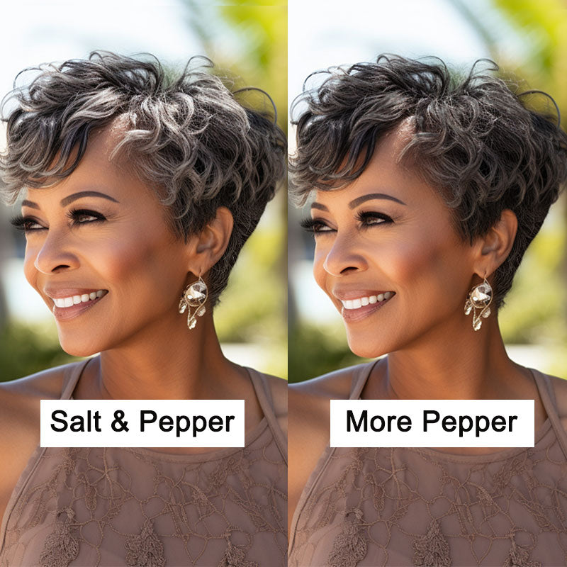 Salt & Pepper Color Custom Edgy Pixie Cuts Wig With Natural Wave Bangs Glueless Human Hair Wigs For Mom