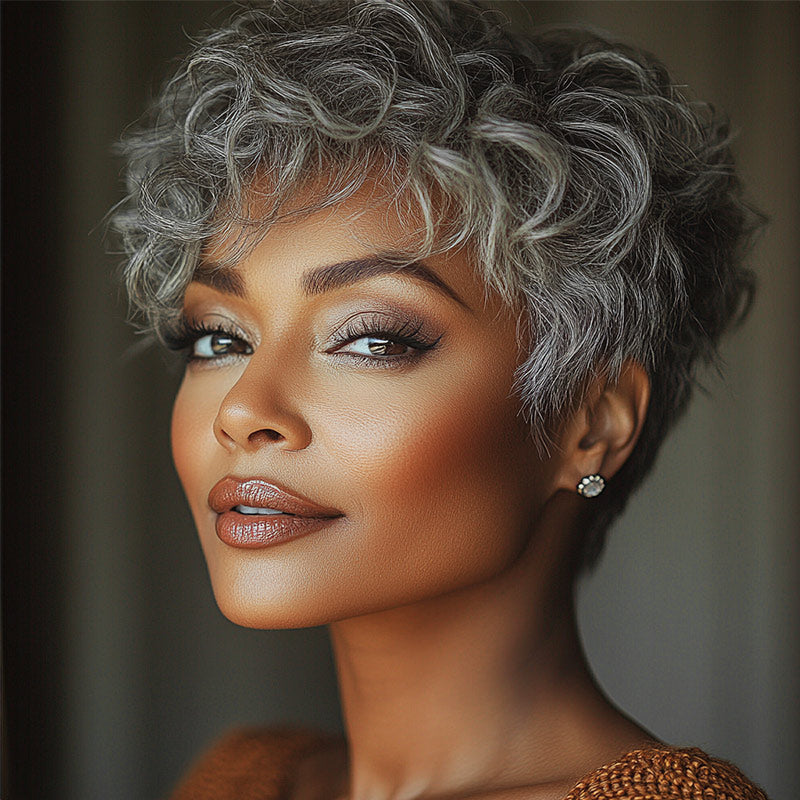 Soul Lady Short Tapered Pixie Haircuts Salt And Pepper Color Natural Wave Human Hair Glueless Wigs For Women Over 50-GPXW002C