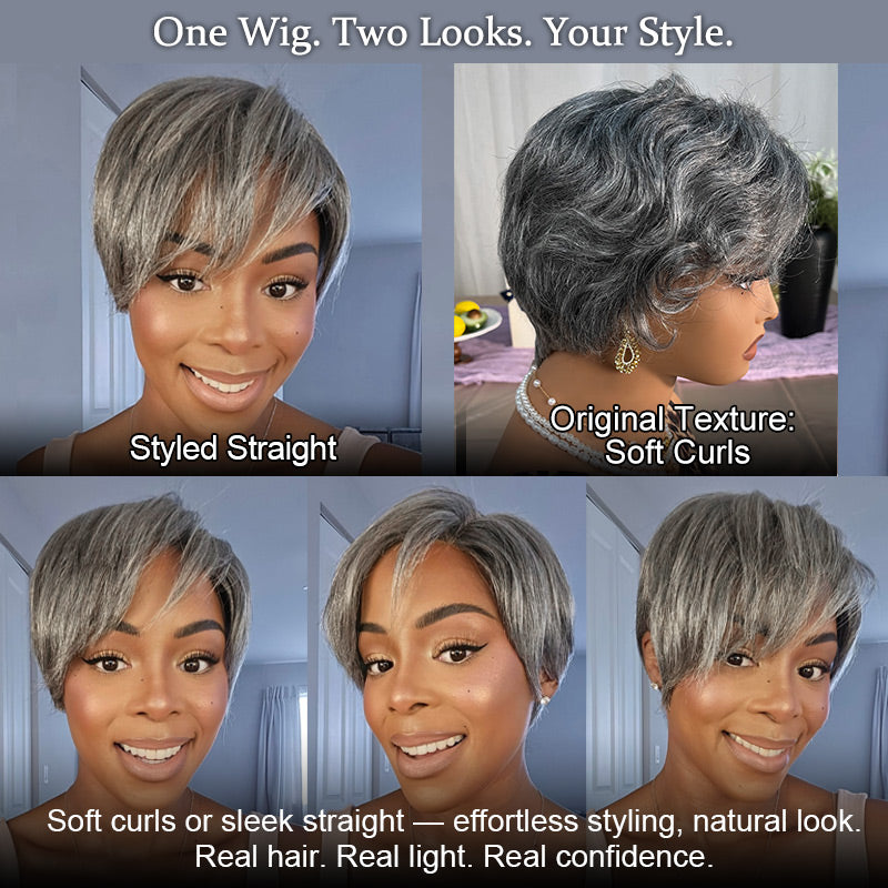 Soul lady wigs Salt & Pepper Edgy Pixie Cut Wig Natural Wave Human Hair Glueless Wigs For Seniors over 50 at model marshanadahlia