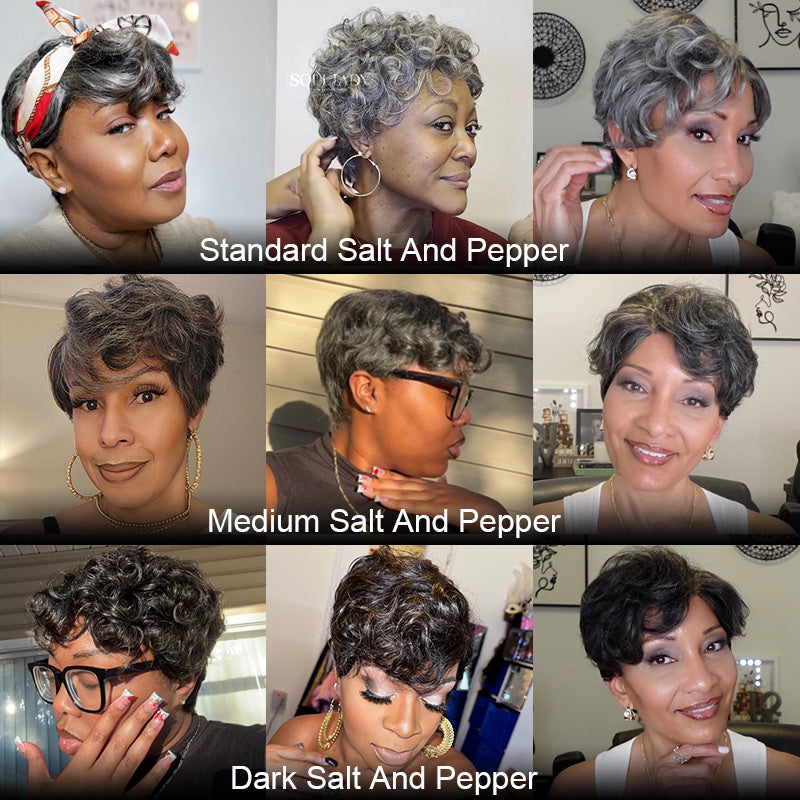 Soul lady wigs Salt & Pepper Edgy Pixie Cut Wig Natural Wave Human Hair Glueless Wigs For Seniors over 50 at model-with different color show