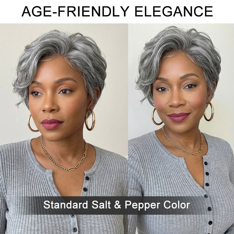 Soul lady Salt & Pepper Color Custom Short pixie Wig Glueless natural wave Human Hair Wigs For Mom Pixie Cut  Wig for fashion women over 50 years old-2 sides of the model view