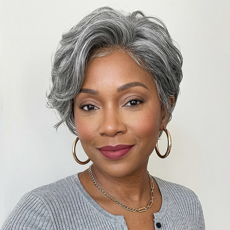 Soul lady Salt & Pepper Color Custom Short pixie Wig Glueless natural wave Human Hair Wigs For Mom Pixie Cut  Wig for fashion women over 50 years old