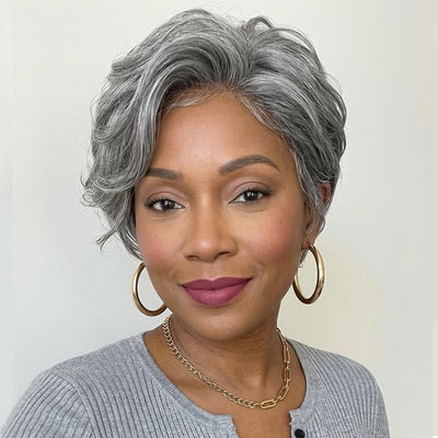 Soul lady Salt & Pepper Color Custom Short pixie Wig Glueless natural wave Human Hair Wigs For Mom Pixie Cut  Wig for fashion women over 50 years old