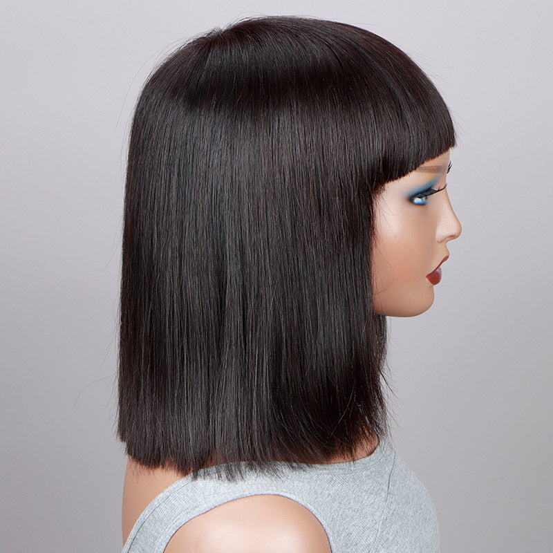 Soul Lady Short Straight Bob Real Human Hair Weargo Silk Top Lace Wigs With Bangs For Women-side wig show