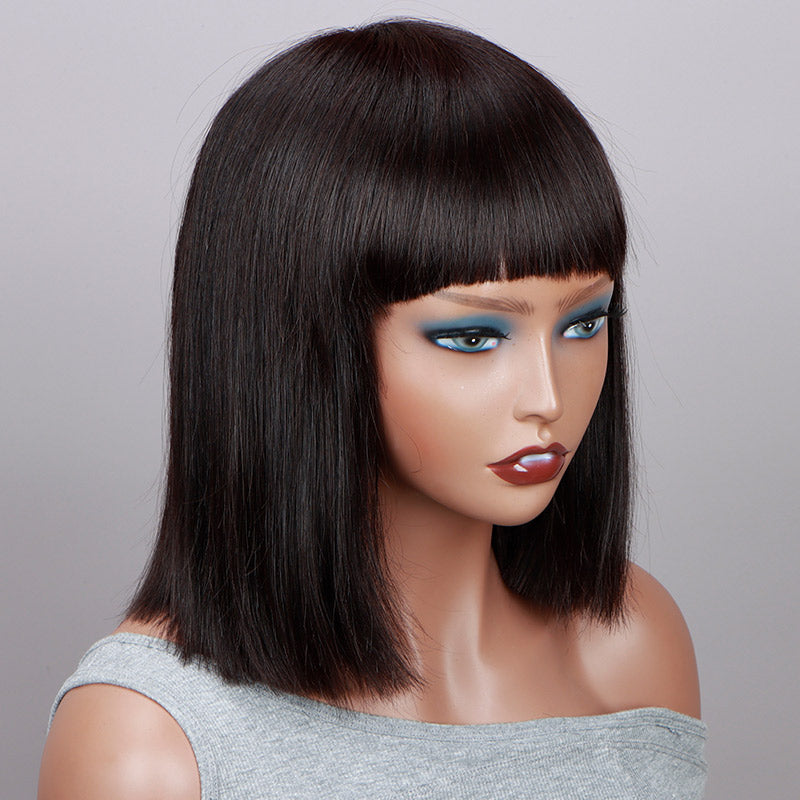Soul Lady Short Straight Bob Real Human Hair Weargo Silk Top Lace Wigs With Bangs For Women
