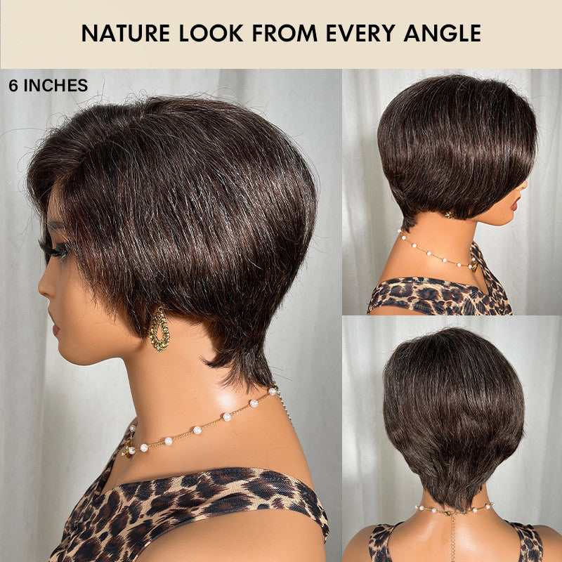 Soul Lady human hair short pixie wig in brown and gray blend, 4x1 lace part wig for mature women over 40 with natural style-side views