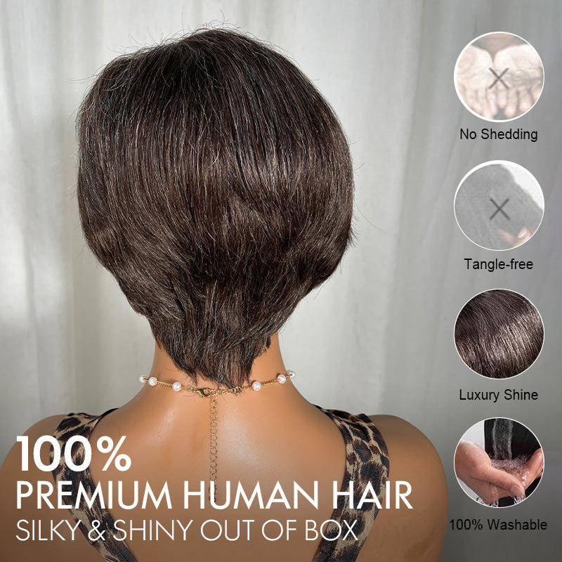 Soul Lady natural looking brown and gray blend pixie wig, short straight human hair wig with lace part for women over 40- back view with features