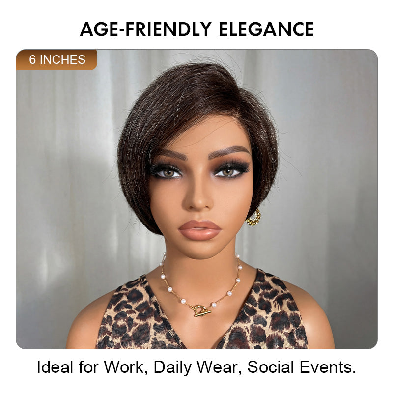 Soul Lady brown with gray blend short straight pixie wig for women over 40, real human hair 4x1 lace part wig with natural look- front view