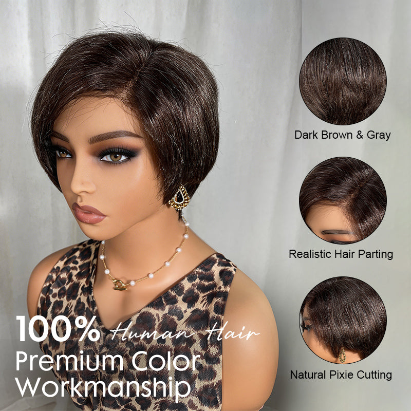 Soul Lady short straight pixie wig with brown and gray blend for older women, real human hair lace part wig with soft natural texture-side front view