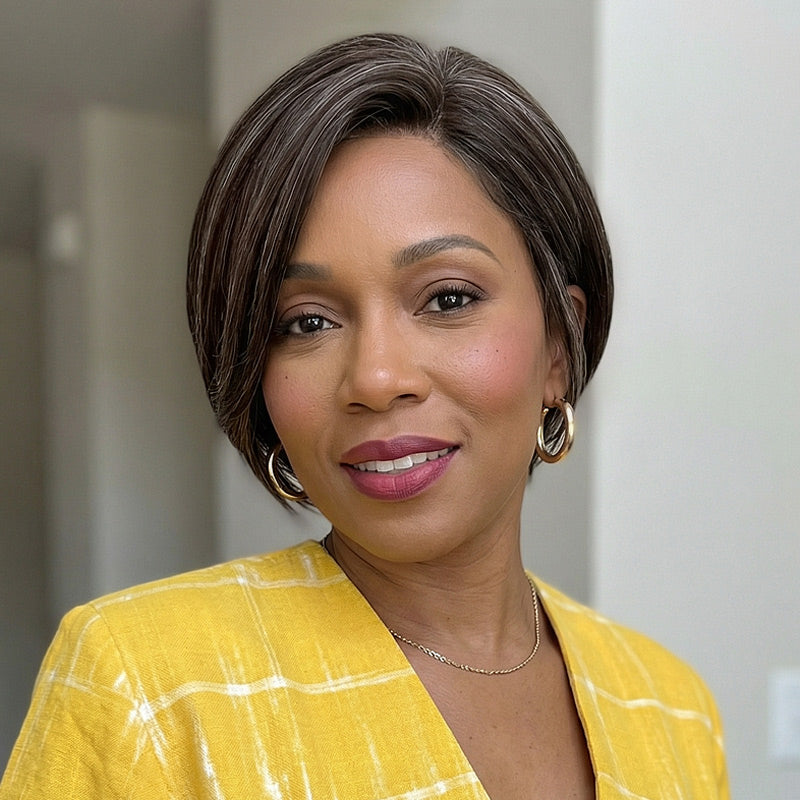 Soul Lady brown with gray blend short straight pixie wig for women over 40, real human hair 4x1 lace part wig with natural look- front model view
