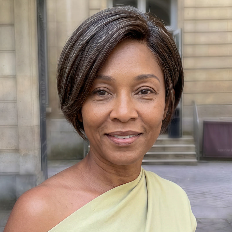 Soul Lady brown with gray blend short straight pixie wig for women over 40, real human hair 4x1 lace part wig with natural look- front model view