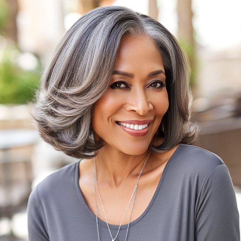 Soul Lady Custom Silver Grey Bob Wigs Salt & Pepper Mix Brown Hair Natural Straight Wavy Human Hair Glueless Lace Wigs-model show