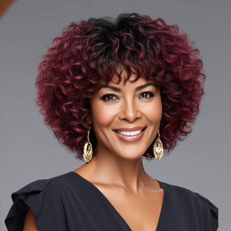 Soul Lady Ombre Dark Burgundy Red Bob Wig With Bangs Short Water Wave Human Hair Glueless Wigs For Mom over 40