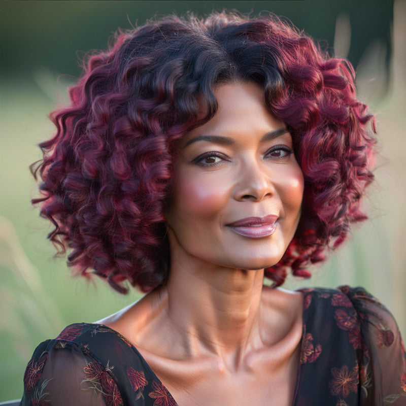 Soul Lady T1B/99J Ombre Dark Burgundy Loose Curly Bob Short Human Hair Glueless Wigs For Mature Women over 40